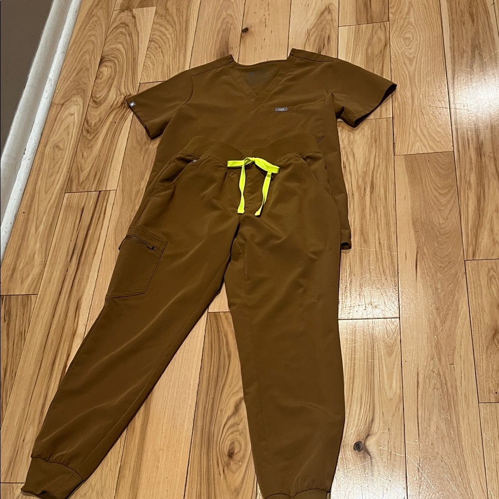 Figs Olive Scrub Pants with Neon Green Accent